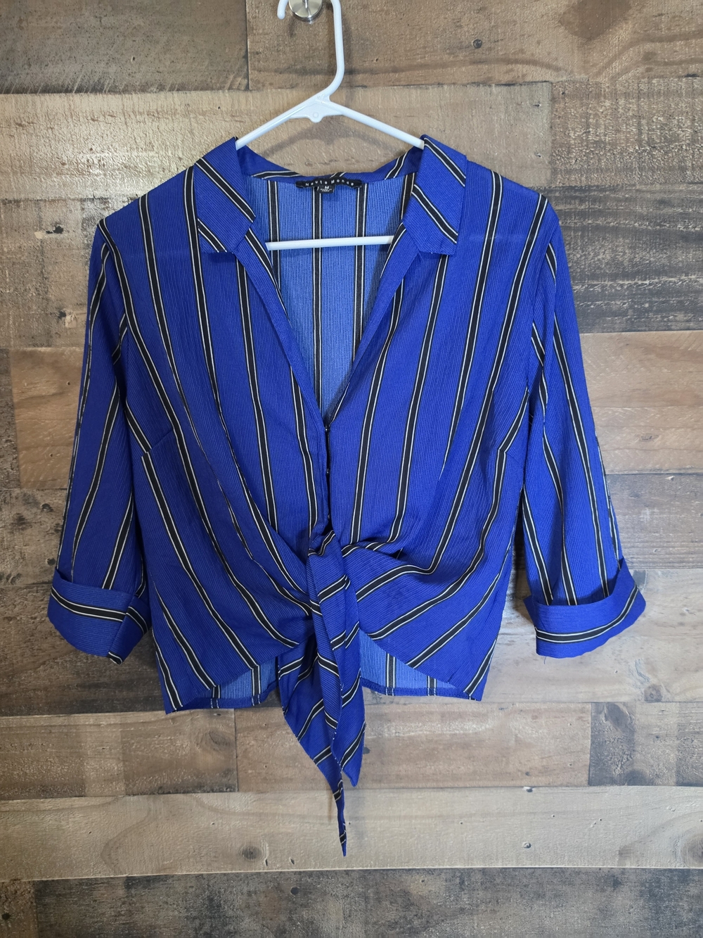 Haute Monde Royal Blue Striped Tie-Front Button Down